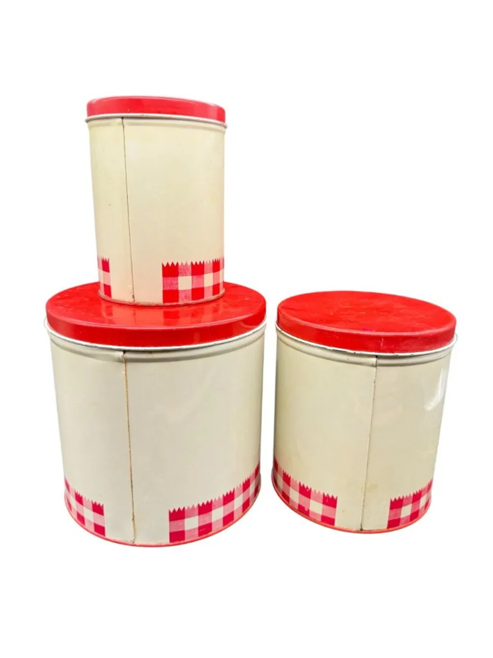 Vtg 40s Gingham Nasturtiums Floral Pattern Red Metal Canisters Nesting Lot 3